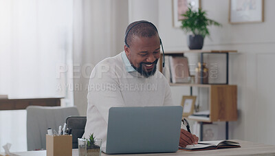 Buy stock photo Businessman, laptop or home office writing in call center, remote work crm consulting or telemarketing. Happy smile, freelancer receptionist talk or webinar technology with notebook training schedule