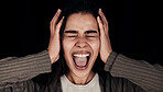 Woman, scream and stress with anxiety, frustration and mental health on a black studio background. Emotion, shouting and face with depression, lose control and pain expression