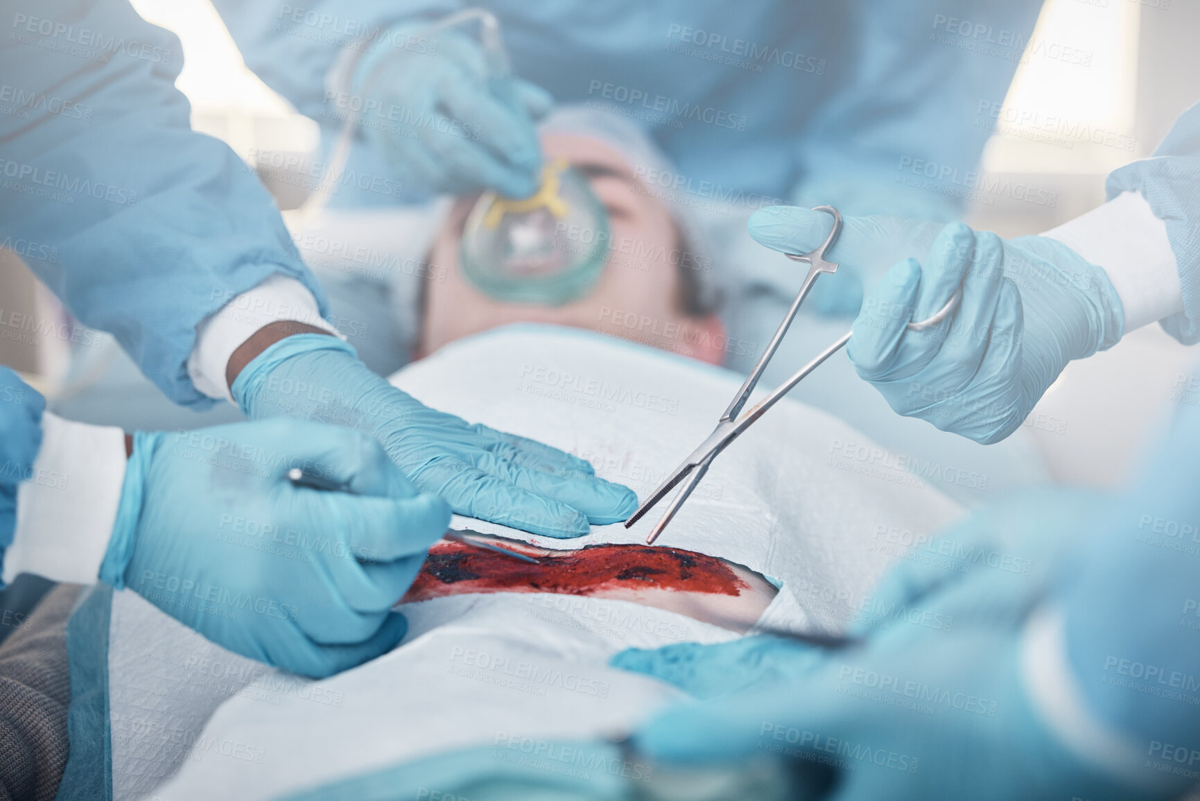 Buy stock photo Hands, blood and operation with a team of doctors at work during surgery with equipment or a tool in a hospital. Doctor, nurse and collaboration with a medicine professional group saving a life