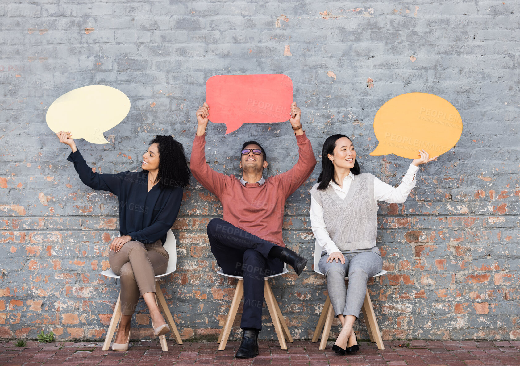 Buy stock photo Speech bubble, survey and question with business people and mockup for social media, vote and review. Design, contact and chat sign with employee and board at brick wall for voice, opinion and idea 