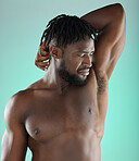 Smelly, odor and black man disgusted by armpit scent or sweaty underarm isolated in a studio background. Natural, cosmetics and body care for unpleasant stink by a young, confident and African model