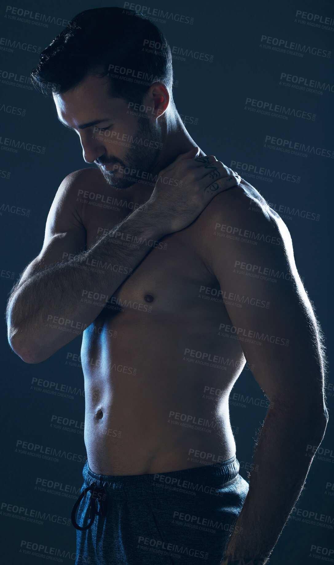 Buy stock photo Fitness, studio and man with tattoo, muscle and strong body for wellness, exercise and training. Motivation, sexy model and body of male athlete on dark background for workout, power and bodybuilder