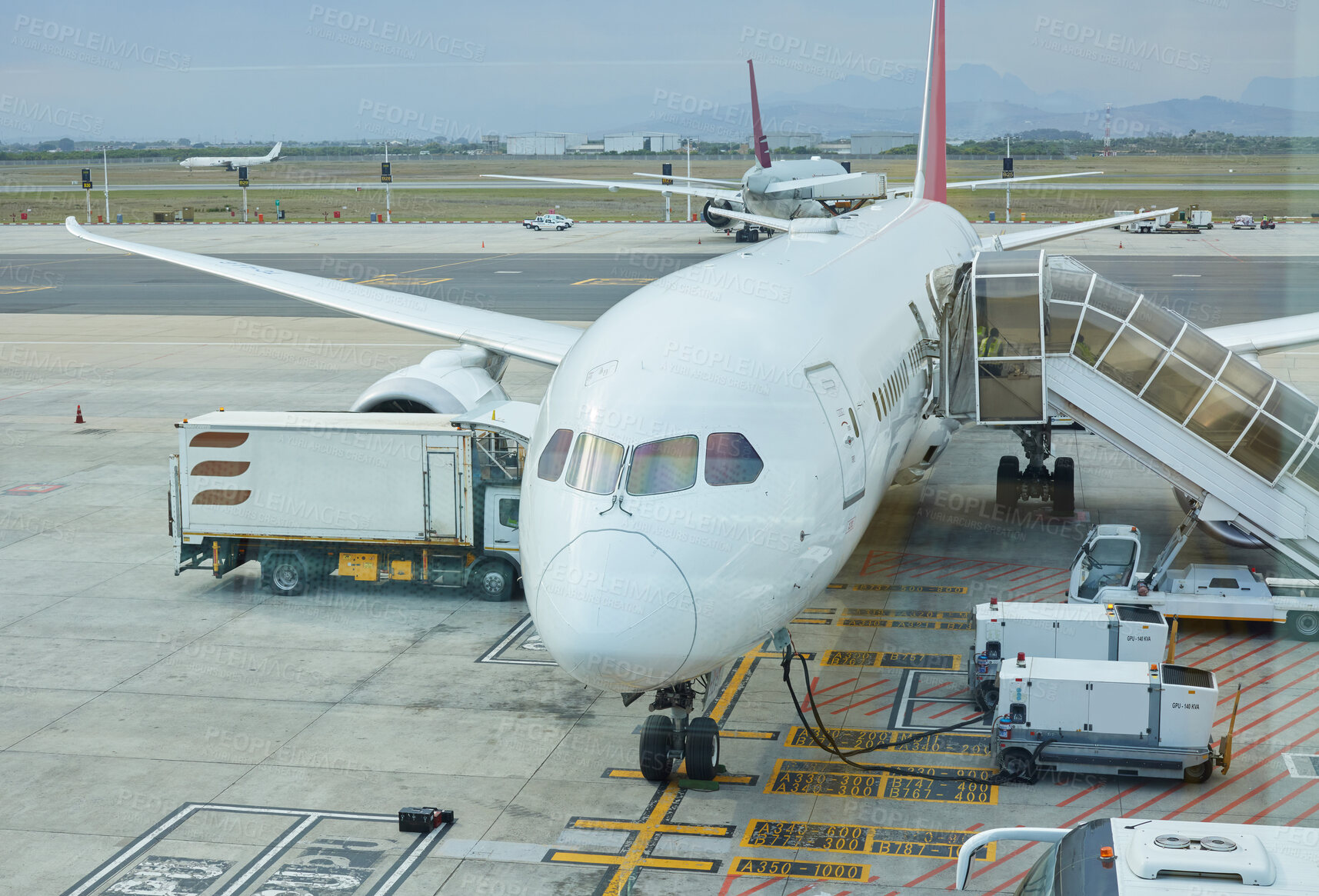 Buy stock photo International airport, runway and airplane terminal for travel, transportation and journey. Global flight, commercial aeroplane and hangar ground for traffic infrastructure, cargo or aircraft vehicle