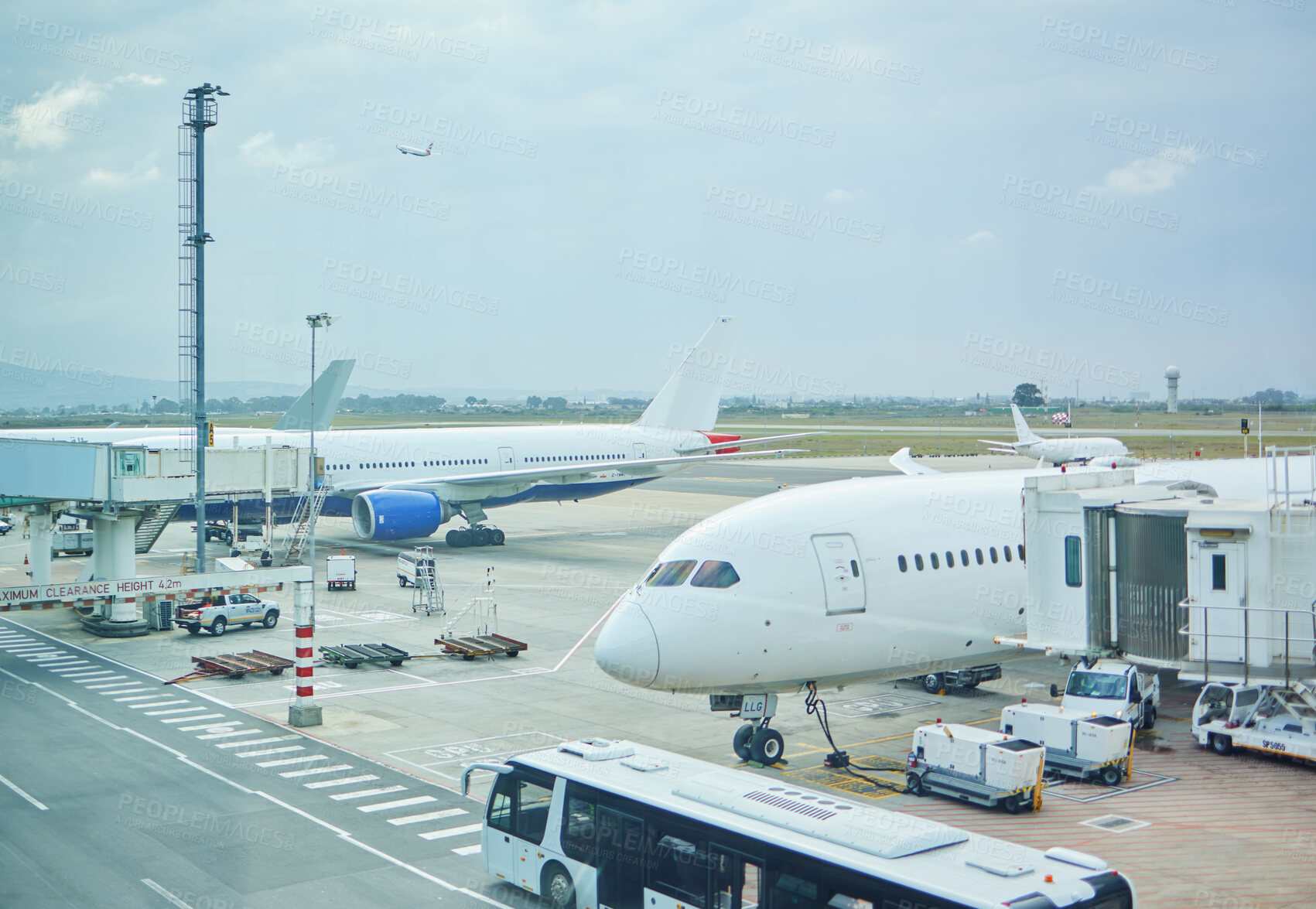 Buy stock photo Airplane, bus or loading luggage on runway for traveling outdoors at worldwide airport for journey. Global, transportation services or commercial aeroplane on ground for international flight cargo