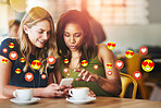 Cafe, social media icon or friends with phone for communication, text post or online dating chat. Coffee, girls or happy women on mobile app website or digital network with smile, like or heart emoji