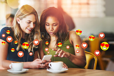 Buy stock photo Cafe, social media icon or friends with phone for communication, text post or online dating chat. Coffee, girls or happy women on mobile app website or digital network with smile, like or heart emoji