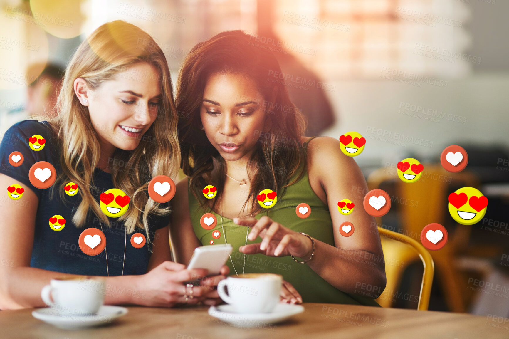 Buy stock photo Cafe, social media icon or friends with phone for communication, text post or online dating chat. Coffee, girls or happy women on mobile app website or digital network with smile, like or heart emoji