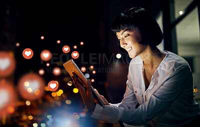 Buy stock photo Night, social media icons or happy woman with a tablet for communication, texting or online dating. Smile, love overlay or relaxed girl typing on chat website or digital network with heart emoticons