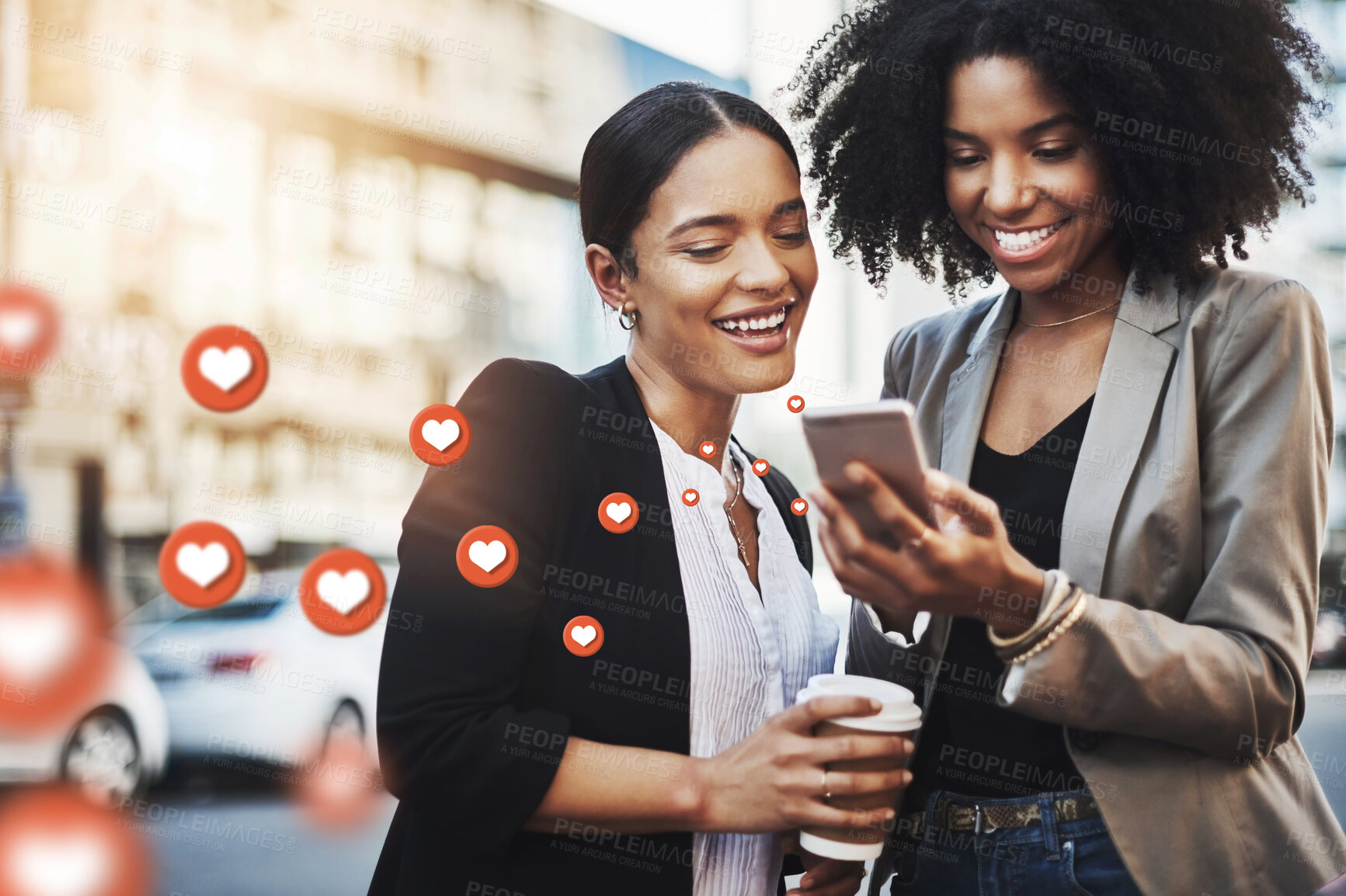 Buy stock photo City, social media icon or women with phone for communication, online content or gossip news. Black woman, friends or happy people on mobile app or digital network with memes, like or heart emoji 