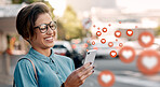 City, social media icon or happy woman with phone for communication, text chat or online dating. Memes, overlay or funny girl on mobile app website or digital network with happy, like or heart emoji