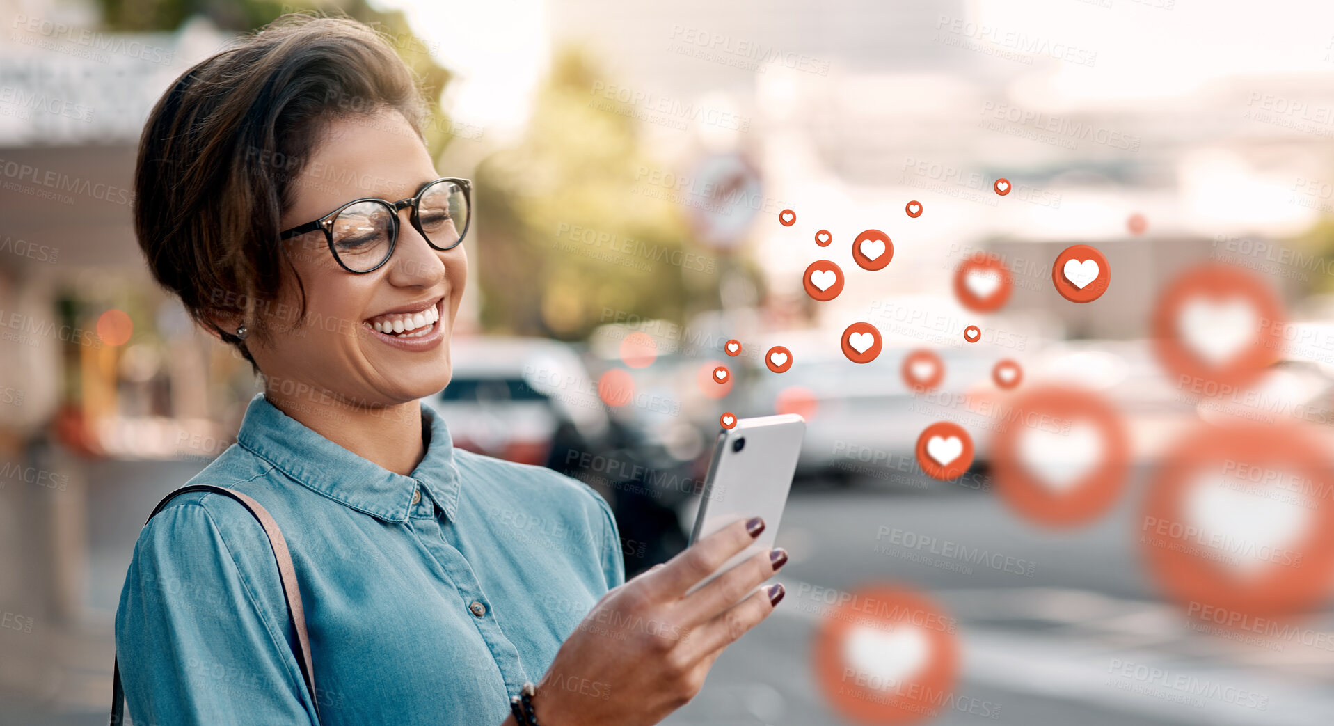 Buy stock photo City, social media icon or happy woman with phone for communication, text chat or online dating. Memes, overlay or funny girl on mobile app website or digital network with happy, like or heart emoji