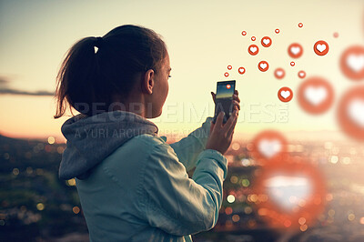 Buy stock photo Social media emoticons, sunset or woman taking a photo of view for photography content or online post. Nature, icon overlay or girl on mobile app, website or network with love, like or heart emoji