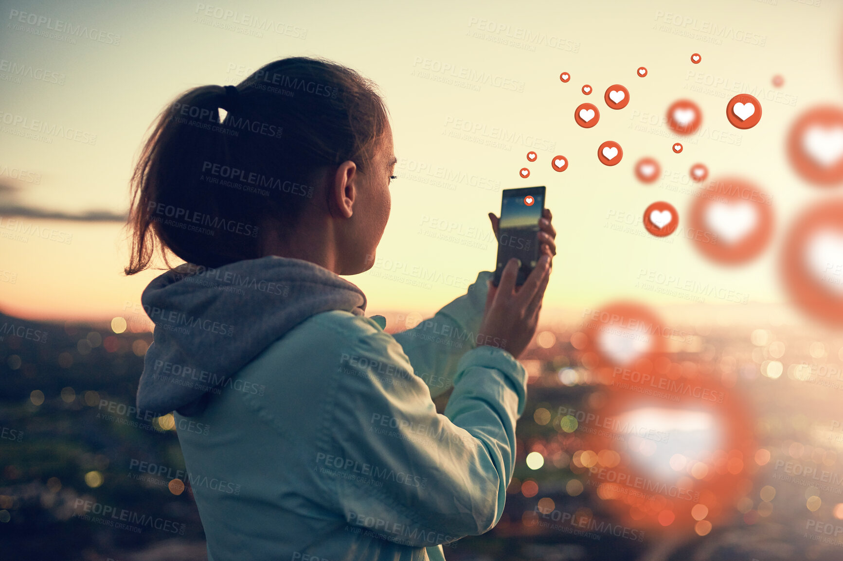 Buy stock photo Social media emoticons, sunset or woman taking a photo of view for photography content or online post. Nature, icon overlay or girl on mobile app, website or network with love, like or heart emoji