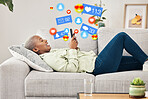 Happy woman on sofa with phone, connection and emoji on social media, chat or notification online. Happy face, smile and post, girl on couch with digital app on smartphone and funny viral meme icon.