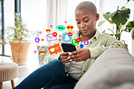 Black woman on sofa with phone, browse and emoji on social media, message or video online. Connect, chat and internet, girl on couch with digital app on smartphone and viral meme or post in home.