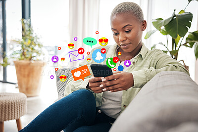 Buy stock photo Black woman on sofa with phone, browse and emoji on social media, message or video online. Connect, chat and internet, girl on couch with digital app on smartphone and viral meme or post in home.