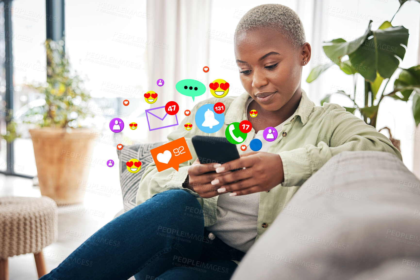 Buy stock photo Black woman on sofa with phone, browse and emoji on social media, message or video online. Connect, chat and internet, girl on couch with digital app on smartphone and viral meme or post in home.