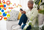 Woman, phone and emoji icon for social media on home sofa for connection, content or platform. African person smile at smartphone for communication app, network and like or love reaction overlay