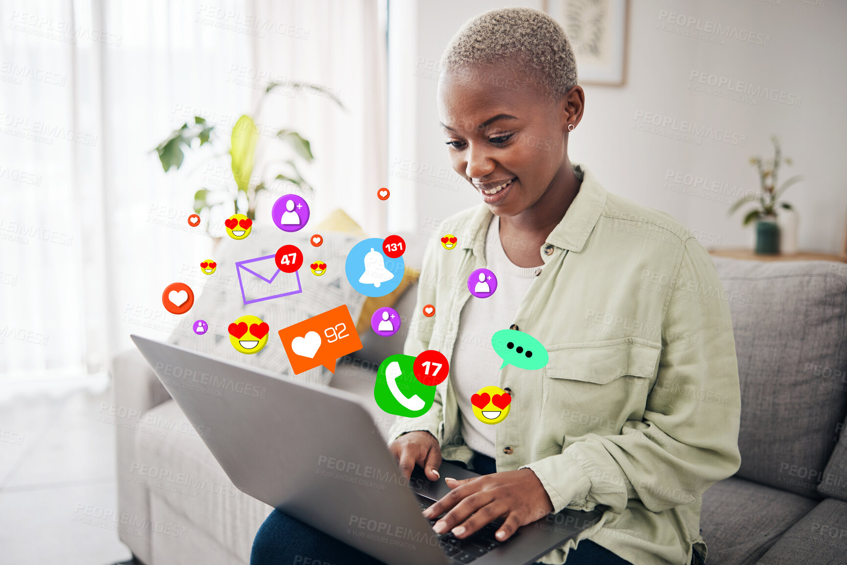 Buy stock photo Laptop, social media icon or happy woman typing for communication, message or online chat. Emojis, notification overlay or African person on app to scroll on dating website or digital network at home