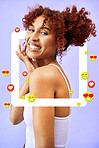 Social media, portrait and woman in a frame for a post, blog or profile picture of influencer with support of online audience. Happy, face and model in studio background with border or website banner