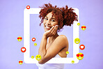 Social media, portrait and woman in a frame for a blog, post or profile picture of influencer with support of online following. Happy, face or model in studio background and border or website overlay