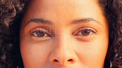 Buy stock photo Closeup, portrait and eyes of woman with skincare, beauty and natural cosmetics for acne, texture or wellness. African, skin and face of confident model with healthy glow, vision or makeup