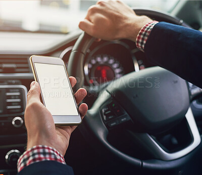 Buy stock photo Man, phone and driving in car while texting for work, career and business agenda on road. Chauffeur, smartphone screen and travel in luxury vehicle typing for passenger, transport and email on mockup