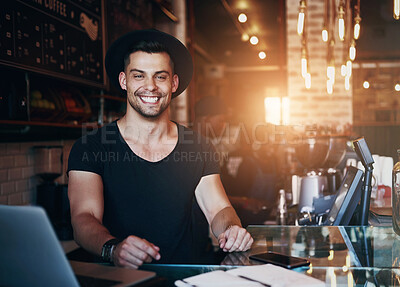 Buy stock photo Portrait, coffee shop and man in cafe with laptop for small business, working online and customer service. Restaurant, hospitality and waiter by counter with computer for serving, help and inventory