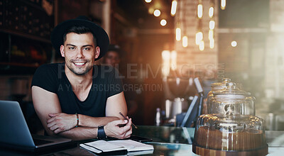 Buy stock photo Laptop, man and coffee shop portrait with writer and freelancer working on article or blog. Smile, restaurant and tech with copywriting and morning with remote job at cafe with internet and notebook