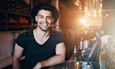 Buy stock photo Happy, coffee shop and portrait of man in cafe ready for serving caffeine, drinks and beverage for small business. Restaurant, hospitality and confident owner by counter for service, help or welcome