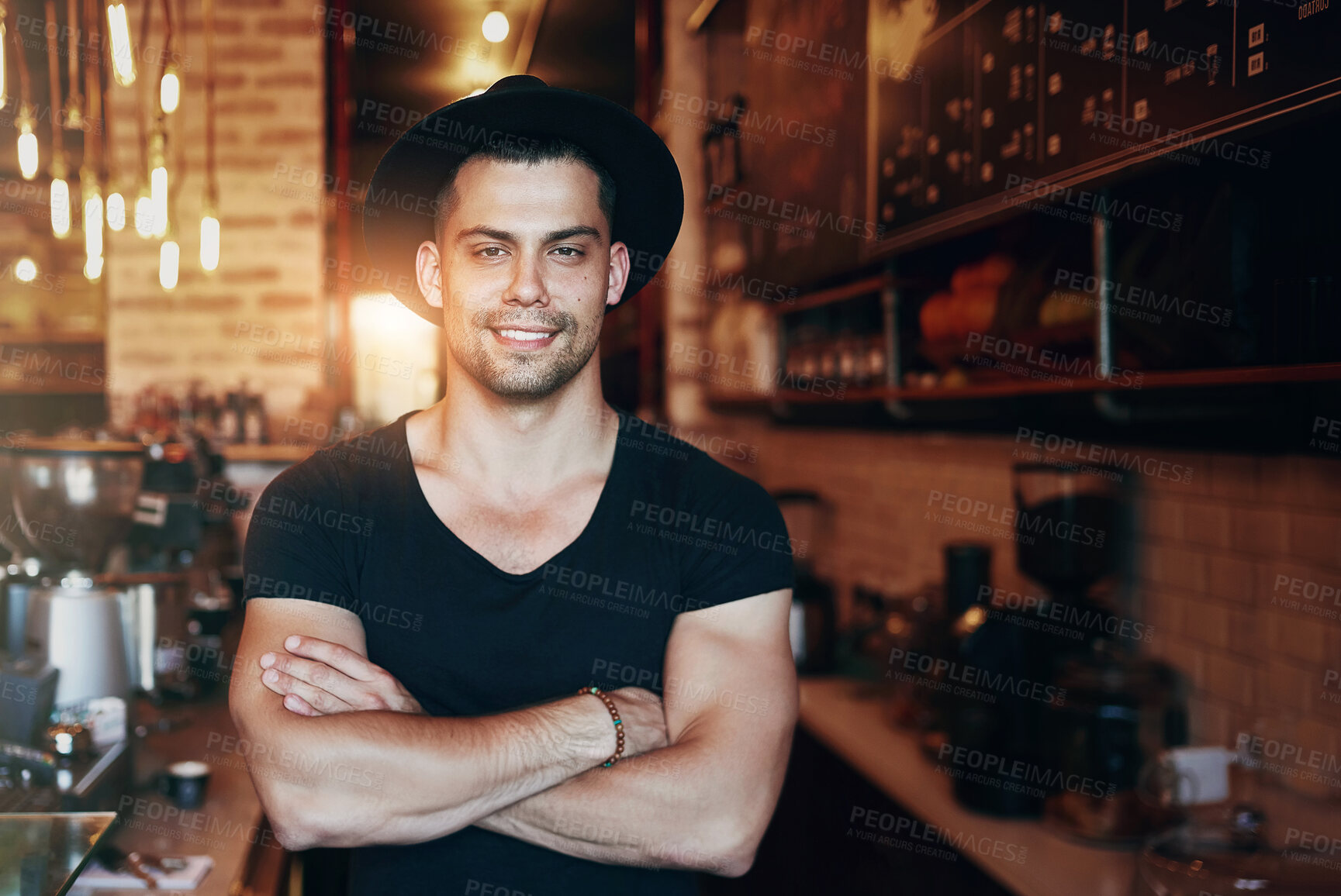 Buy stock photo Portrait, smile and man with arms crossed in cafe as barista with startup confidence, restaurant or customer service. Male person, face and  entrepreneur as coffee shop employee, business or owner