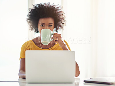 Buy stock photo Laptop, research and coffee with portrait of black woman for planning, website or remote worker. Blog, networking and social media with female freelancer at home for email, technology or mockup space