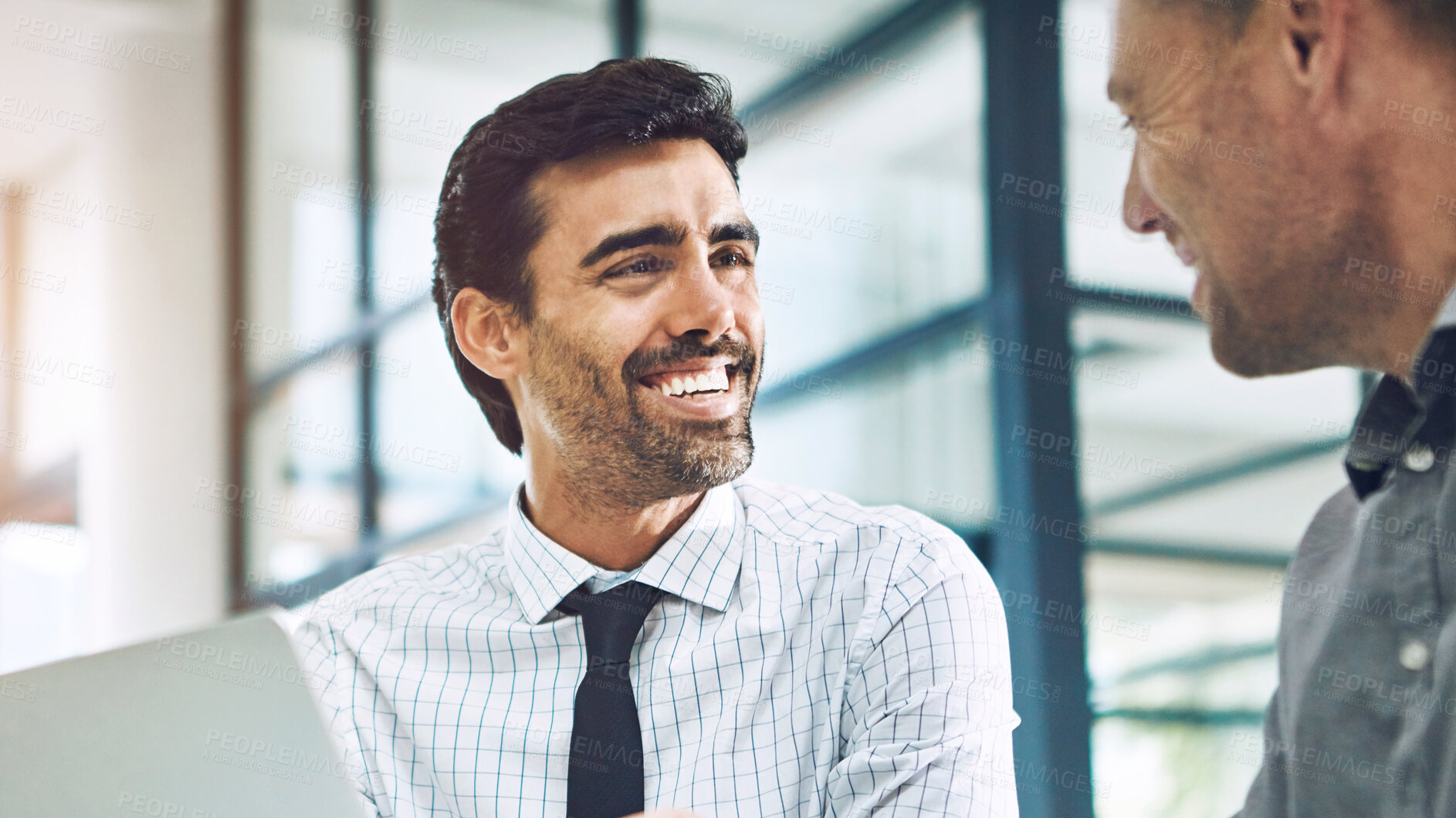 Buy stock photo Smile, data analysis or business people with laptop for business meeting, invest strategy or planning company finance. Collaboration, thinking or teamwork on tax data analysis or financial network
