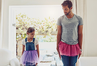 Buy stock photo Man with girl, ballet dancing and teaching with learning at home in tutu, bond with love and creativity. Family, father and daughter dance in living room, ballerina lesson and spending time together