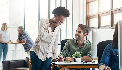 Buy stock photo Laughing, man and woman in coworking space with joke, smile and happiness at creative start up agency. Computer, desk and happy team leader in funny conversation with designer in office with comedy.