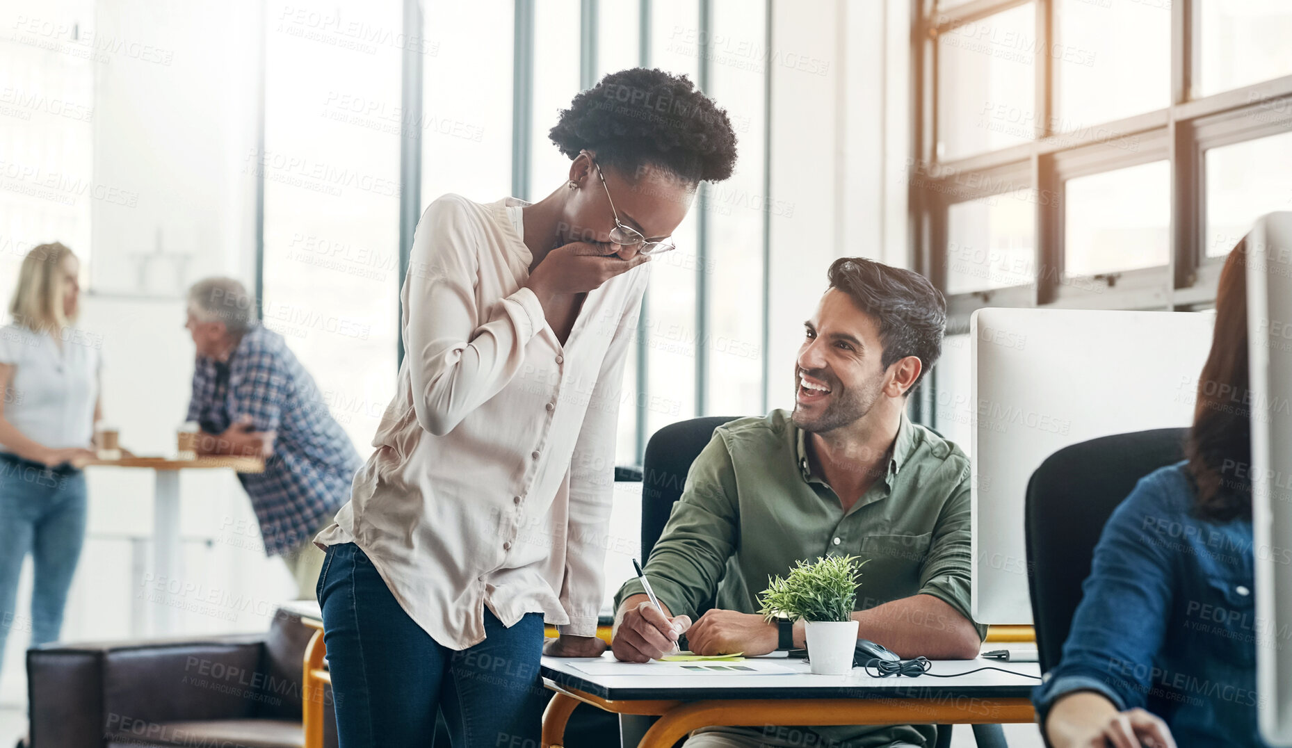 Buy stock photo Laughing, man and woman in coworking space with joke, smile and happiness at creative start up agency. Computer, desk and happy team leader in funny conversation with designer in office with comedy.