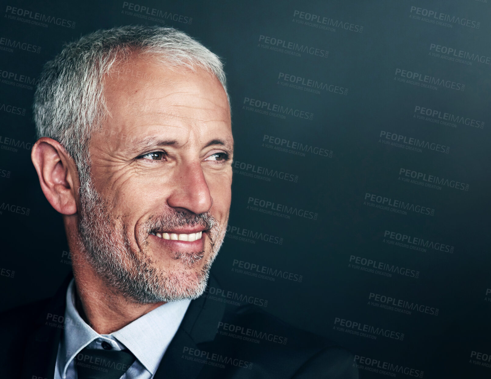 Buy stock photo Businessman, thinking and happy with a smile on face with idea and space for mockup in studio. Headshot of a senior entrepreneur person on a black background for corporate vision and career pride
