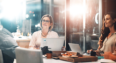 Buy stock photo Meeting, late night and marketing team workshop with ideas, laptop and food planning startup project. Teamwork, overtime and diversity, dinner for group brainstorming at creative marketing agency.