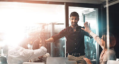 Buy stock photo High five, celebration and business team in partnership in the office for project success. Meeting, diversity and corporate employee friends with achievement to celebrate together in modern workplace