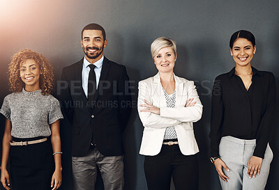 Buy stock photo Diversity, support and portrait of business people in studio for smile, community and teamwork. Happy, collaboration and professional with employees and wall background for confidence and mission