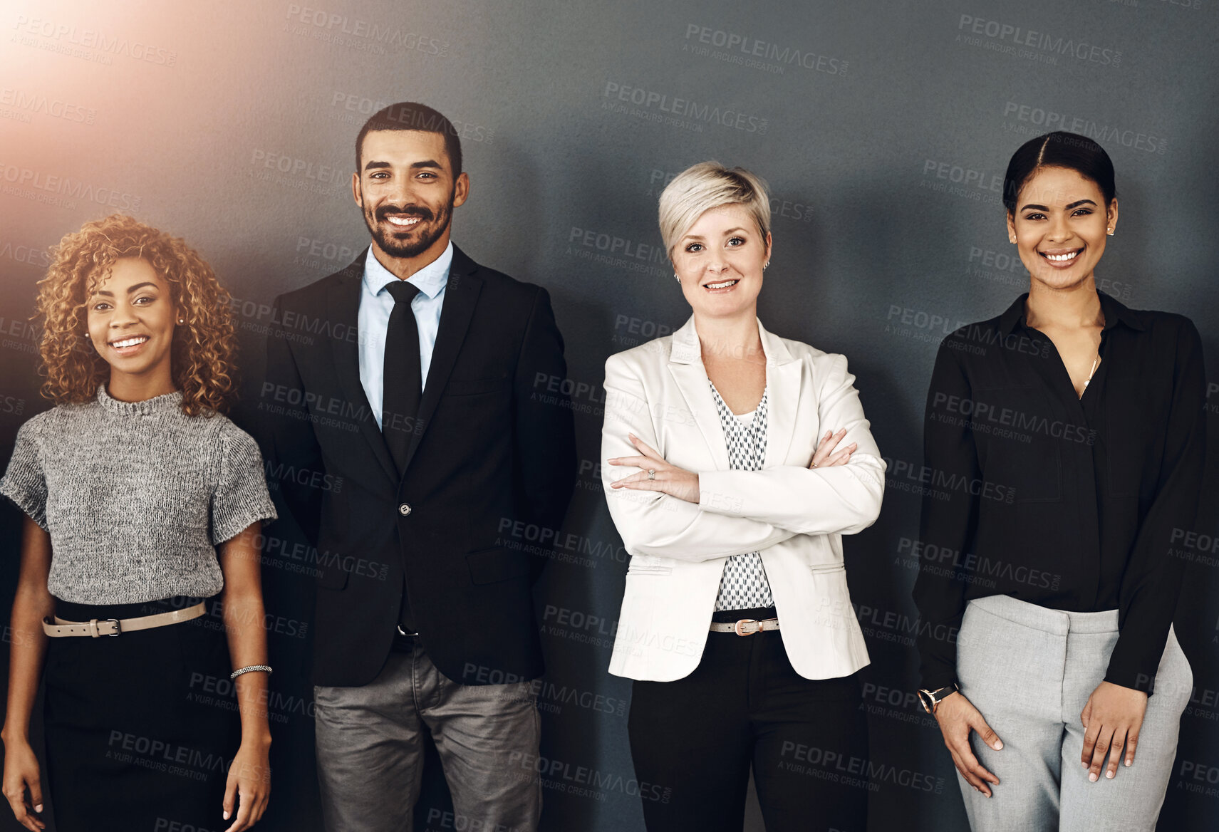 Buy stock photo Diversity, support and portrait of business people in studio for smile, community and teamwork. Happy, collaboration and professional with employees and wall background for confidence and mission