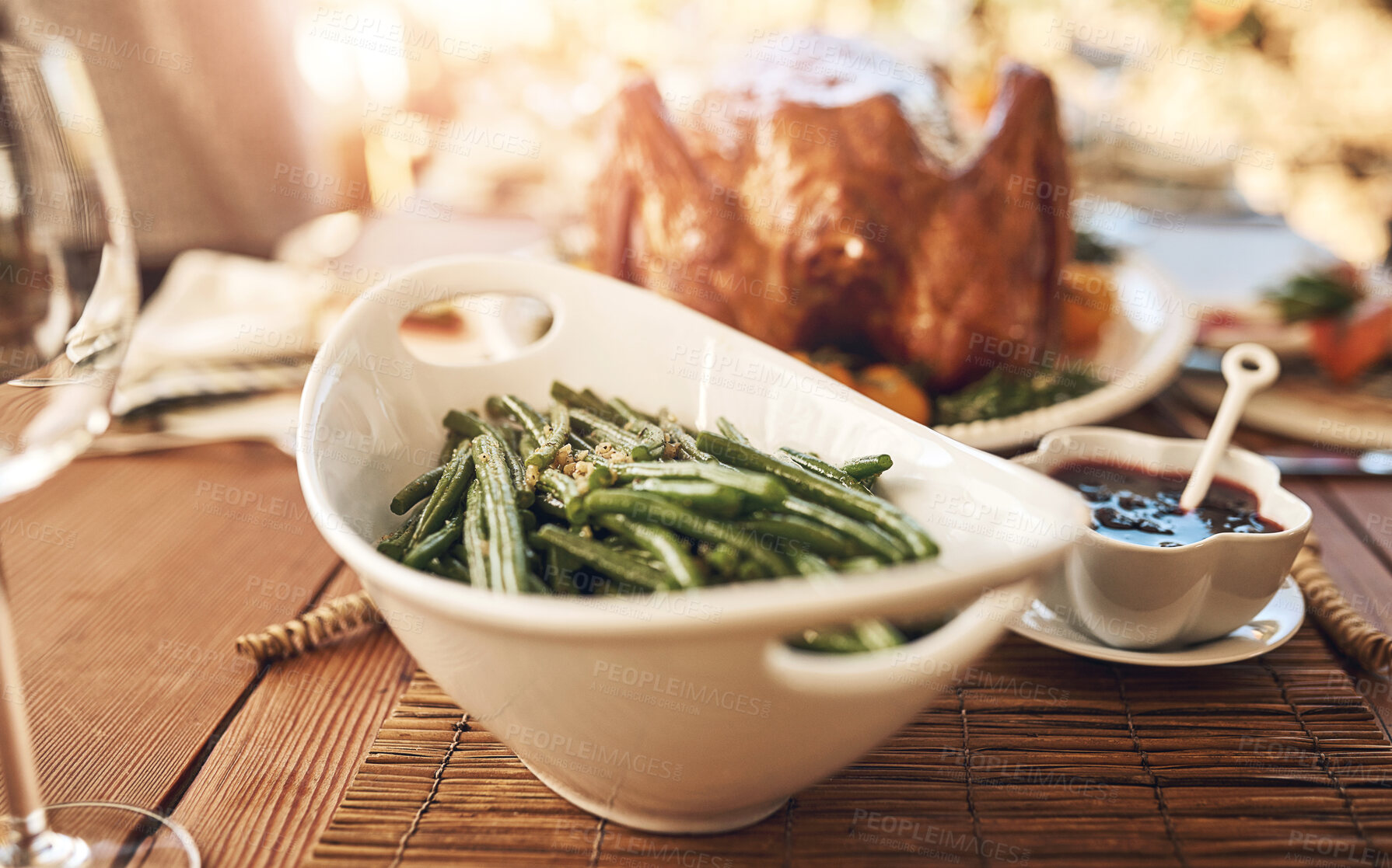 Buy stock photo Food, vegetables and nutrition with table setting for Christmas or thanksgiving celebration, dinner or lunch meal closeup. Healthy meal, green beans vegetable and dinner party to celebrate.