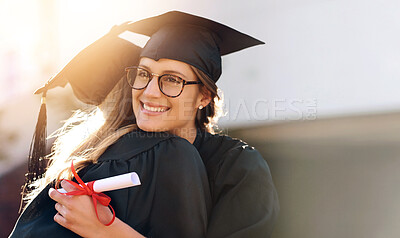 Buy stock photo Friends, students and hug at graduation with college or university women together. Happy people outdoor to celebrate education achievement, success and future goals at school event with mockup space