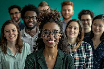 Buy stock photo Portrait, group and business people with smile, teamwork and diversity with cooperation. Design agency, employees and professional with leader, multicultural and happiness with career ambition