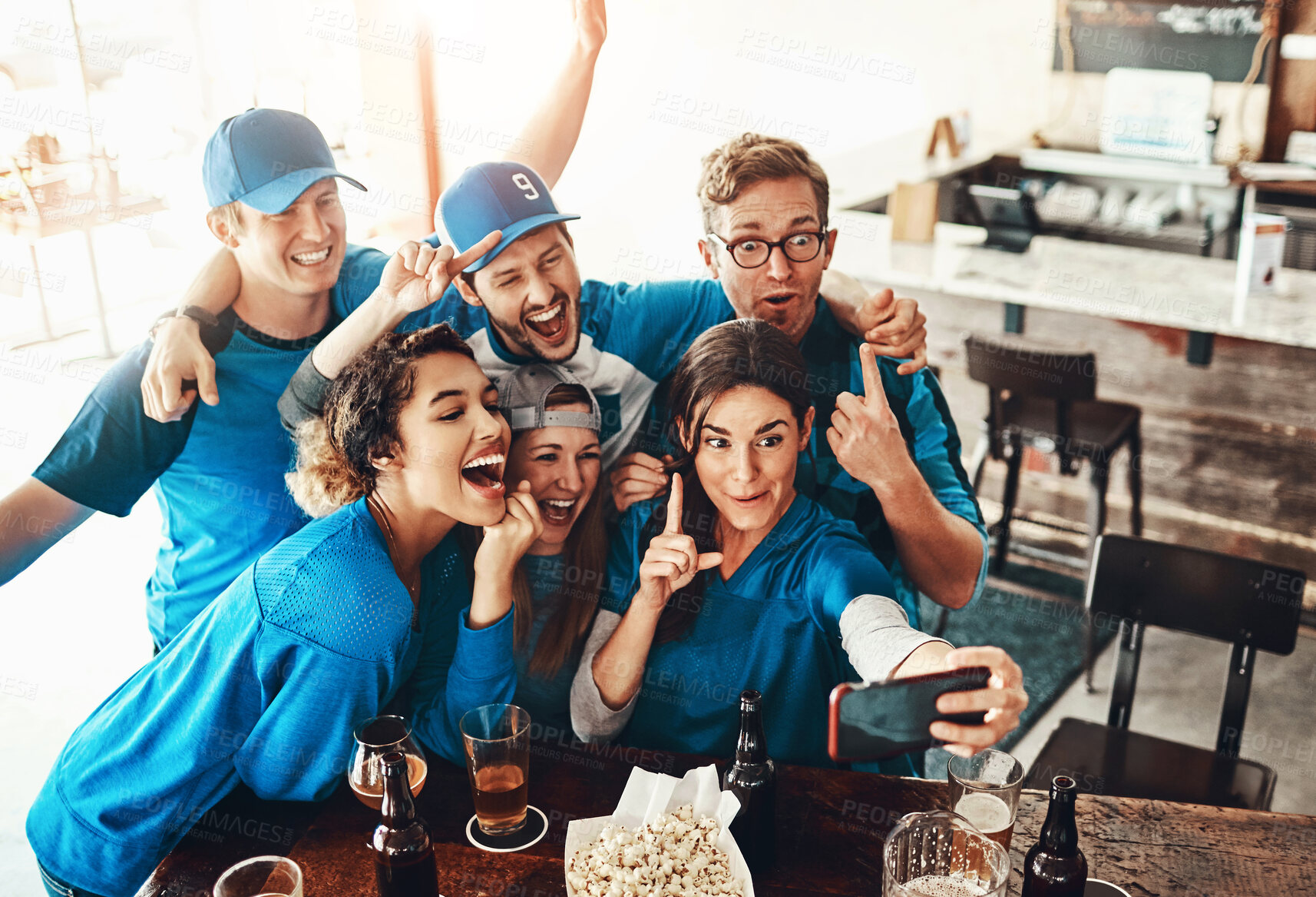 Buy stock photo Sports, fans and people in pub selfie with beer, snack and happy celebration of world cup together. Photography, games and group of excited friends in bar for watch party, drinks and club competition