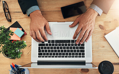 Buy stock photo Businessman, hands and laptop in office for research, startup management and working. Creative copywriter, computer and search with schedule planning, online project and administration above desk