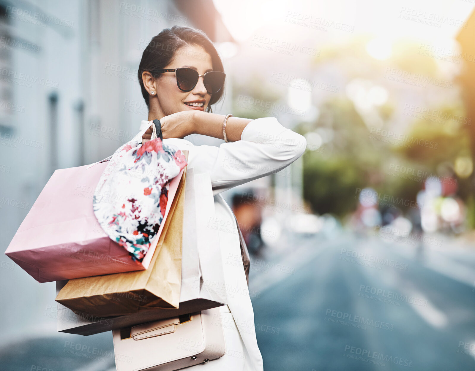 Buy stock photo Portrait, shopping bag or woman on street walking on urban street for boutique retail sale or clothes. Sunglasses, smile or fashionable rich girl customer on city road smiling with luxury products 