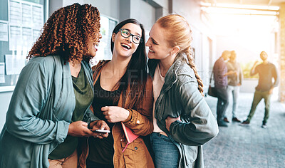 Buy stock photo Communication, talking and girl friends laughing together outside a building speaking about gossip. Happy, diversity and women with smile bonding and listening to comedy jokes on the internet outdoor