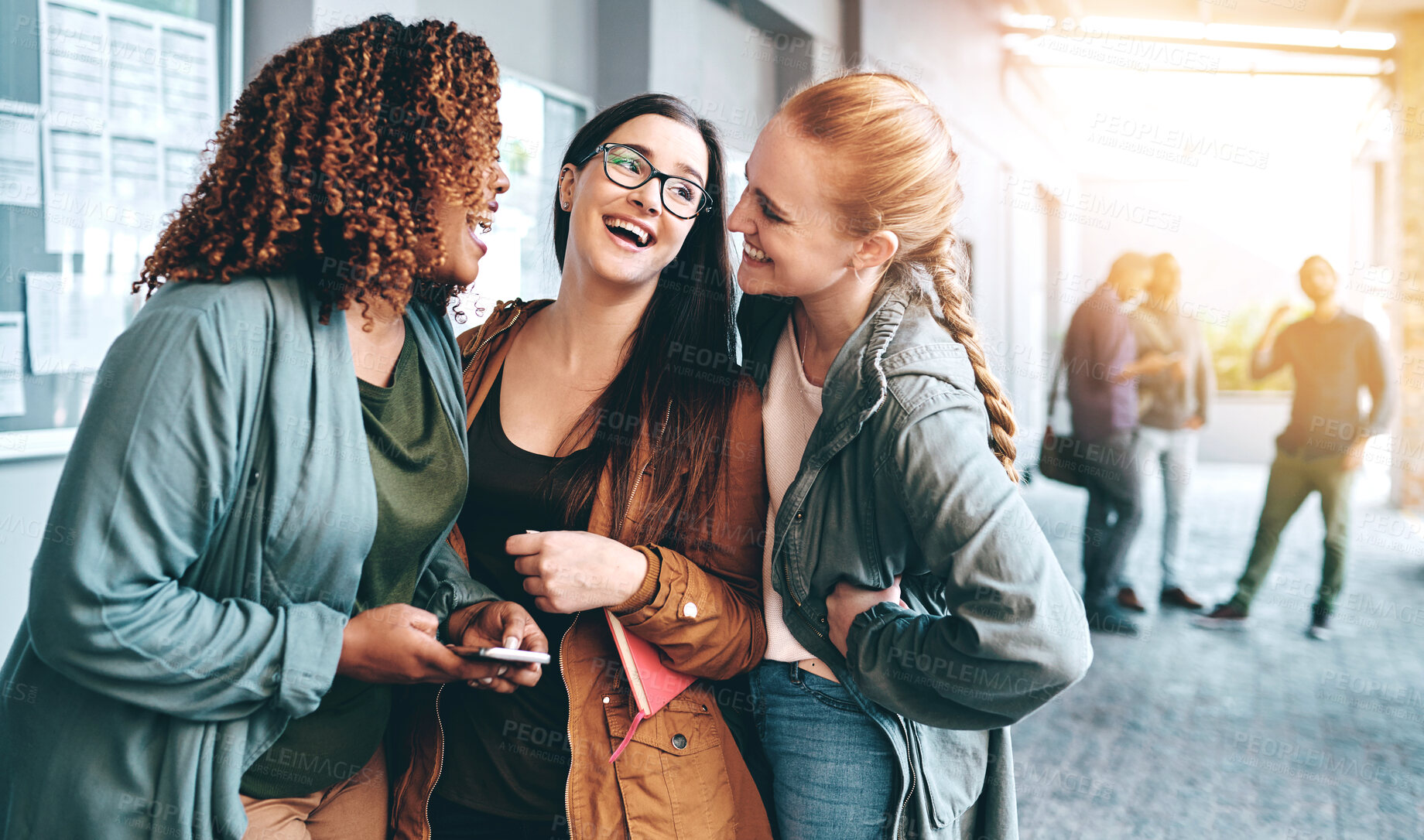 Buy stock photo Communication, talking and girl friends laughing together outside a building speaking about gossip. Happy, diversity and women with smile bonding and listening to comedy jokes on the internet outdoor