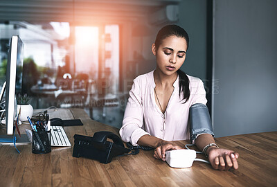 Buy stock photo Woman, monitor and blood pressure in office for healthcare, chronic disease and medical pump machine for hypertension. Work, stress management and cardiology, workplace and patient employee